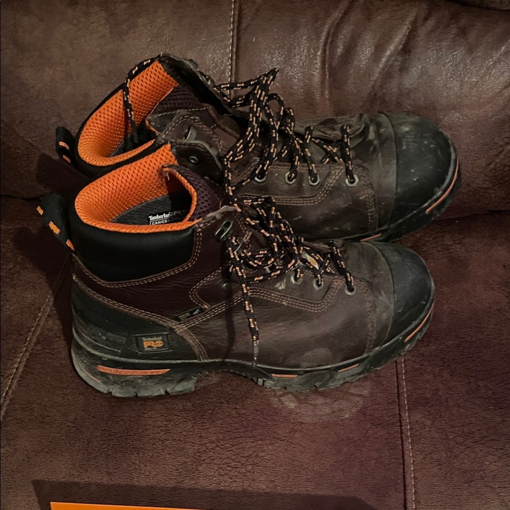 Timberland PRO Men's Dark Brown and Orange Boots 9.5 W Steel Toe